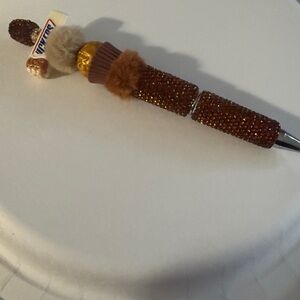 Brown Beaded Pen with Pom-Pom by
